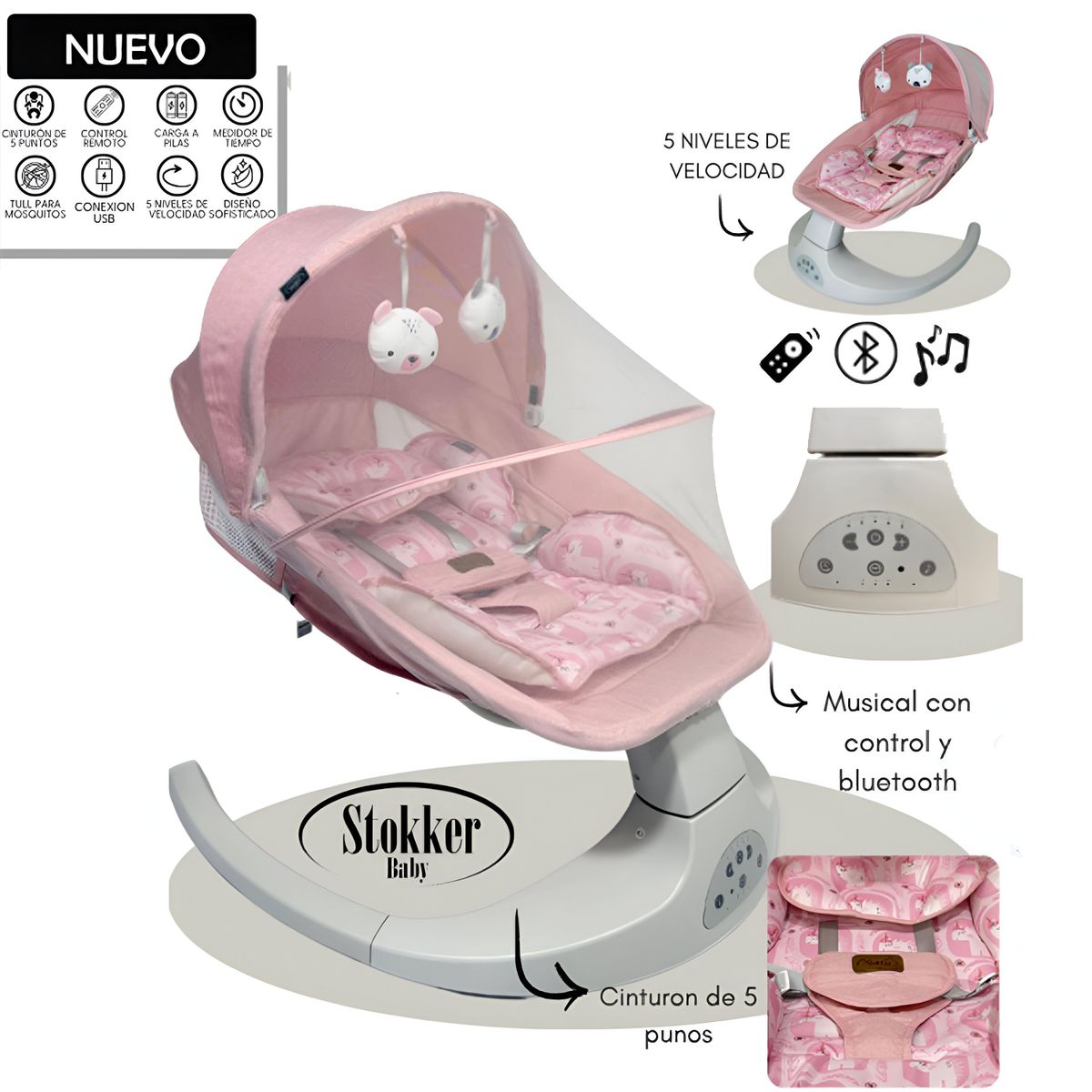 STOKKER BABY - Mecedora Eléctrica Para Bebes MAX Rosado