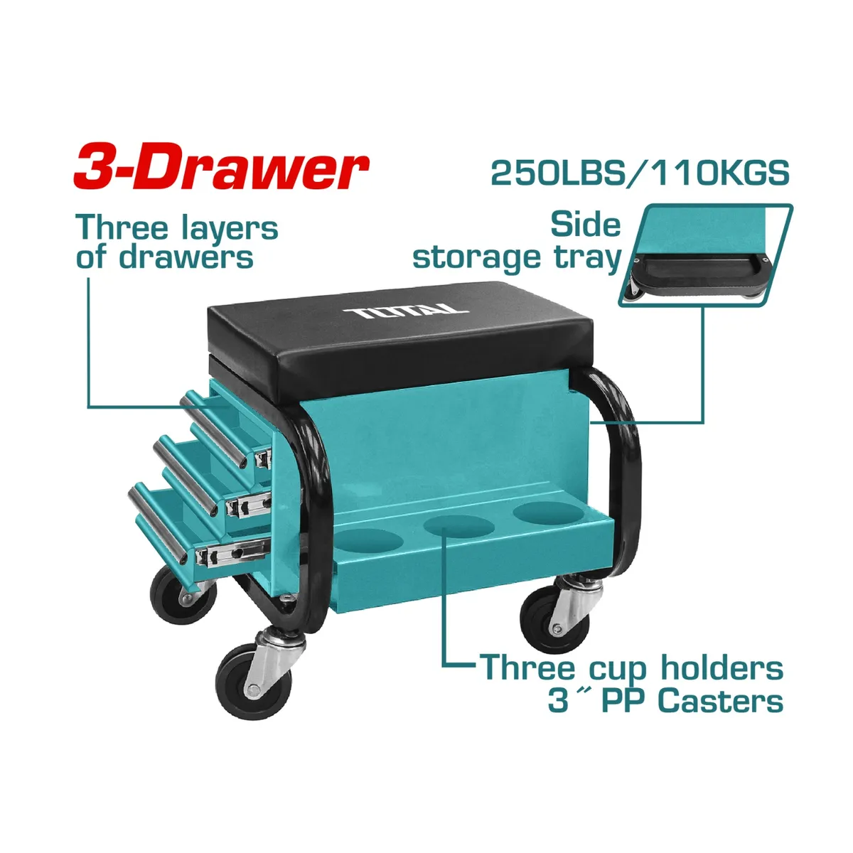 TOTAL TOOLS - Asiento para mecánico con 3 cajones Total