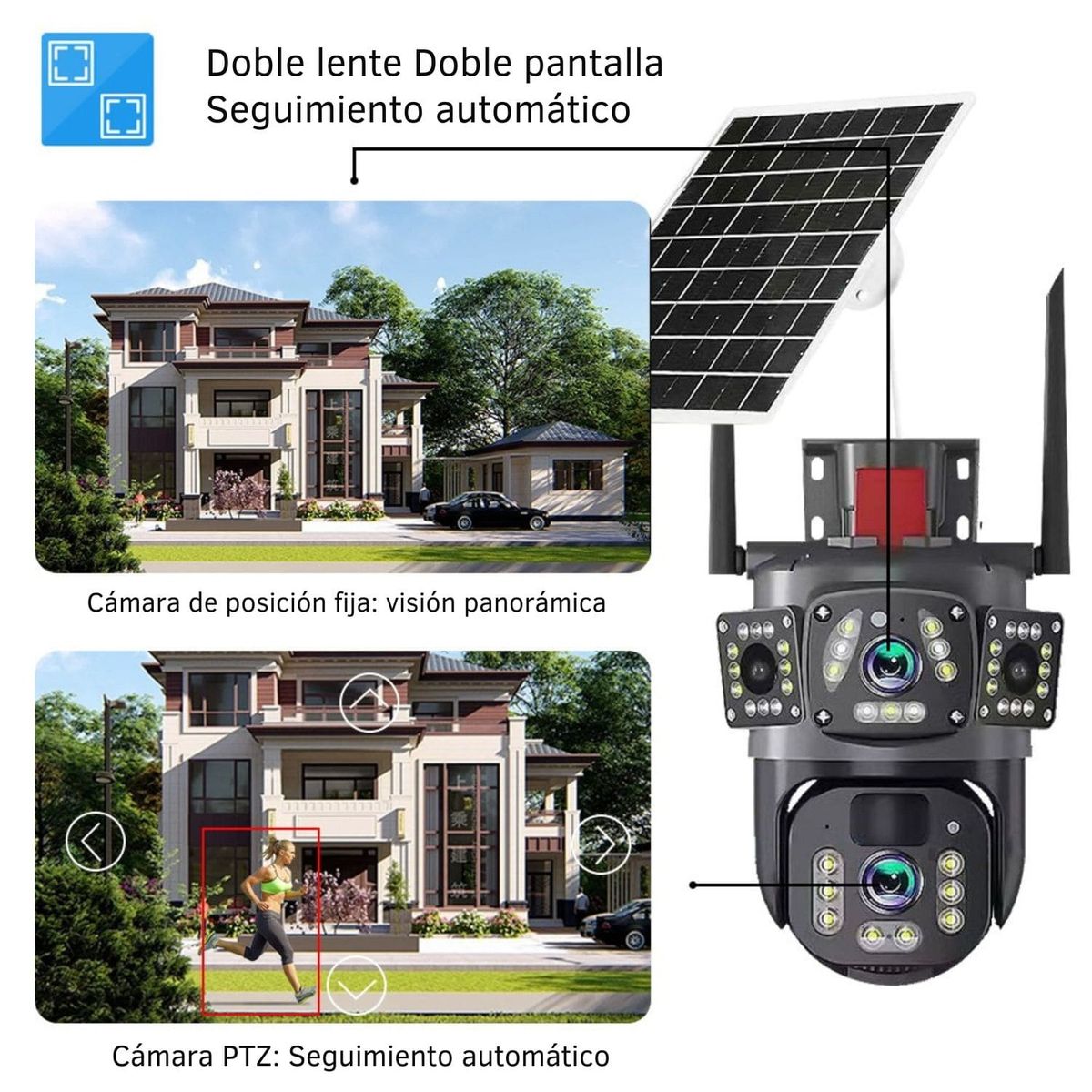 OEM - Cámara Solar WiFi PTZ 360°  Doble Lente 4K Alarma Activa y Audio Disuasivo