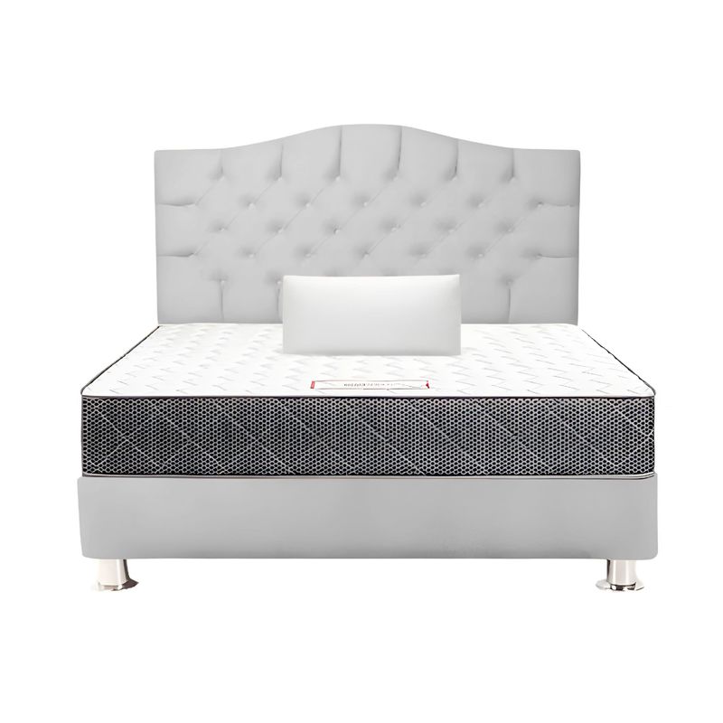 MUEBLES MACRUMO - Combo Cama tapizada Varsovia Gris claro Queen + Colchon + Almohada