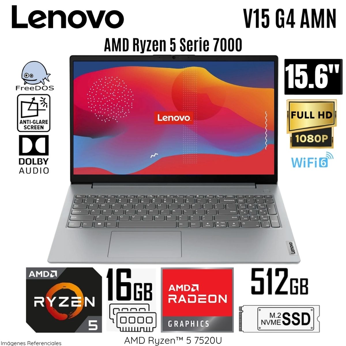 LENOVO - Laptop Lenovo V15 G4 AMN AMD Ryzen 5-7520U 16GB RAM 512GB SSD 15.6"  FHD Free Dos - 82YU00XYLM