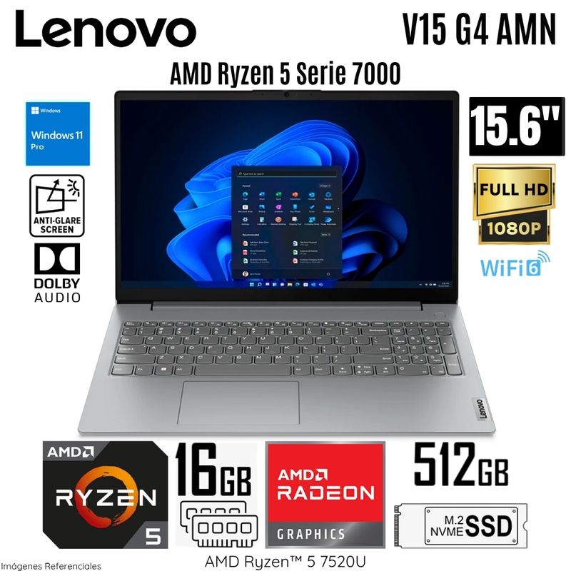 LENOVO - Laptop Lenovo V15 G4 AMN AMD Ryzen 5 7520U 16GB RAM 512GB SSD 15.6" FHD -  82YU00XYLM