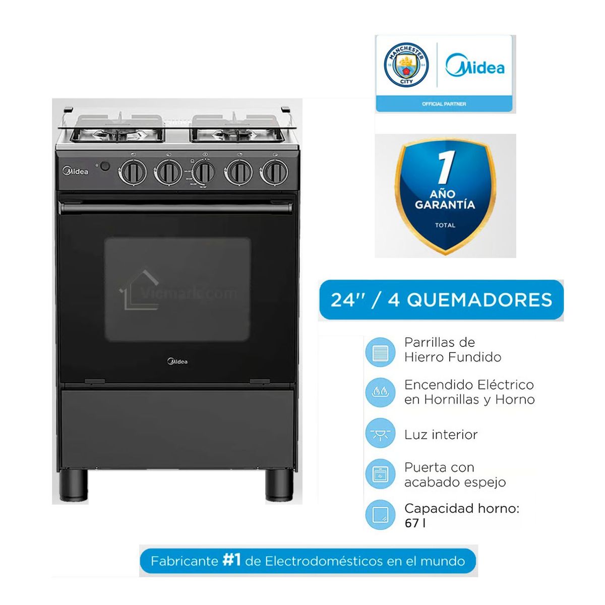 MIDEA - Cocina a Gas 24" Midea 4 Quemadores Negra