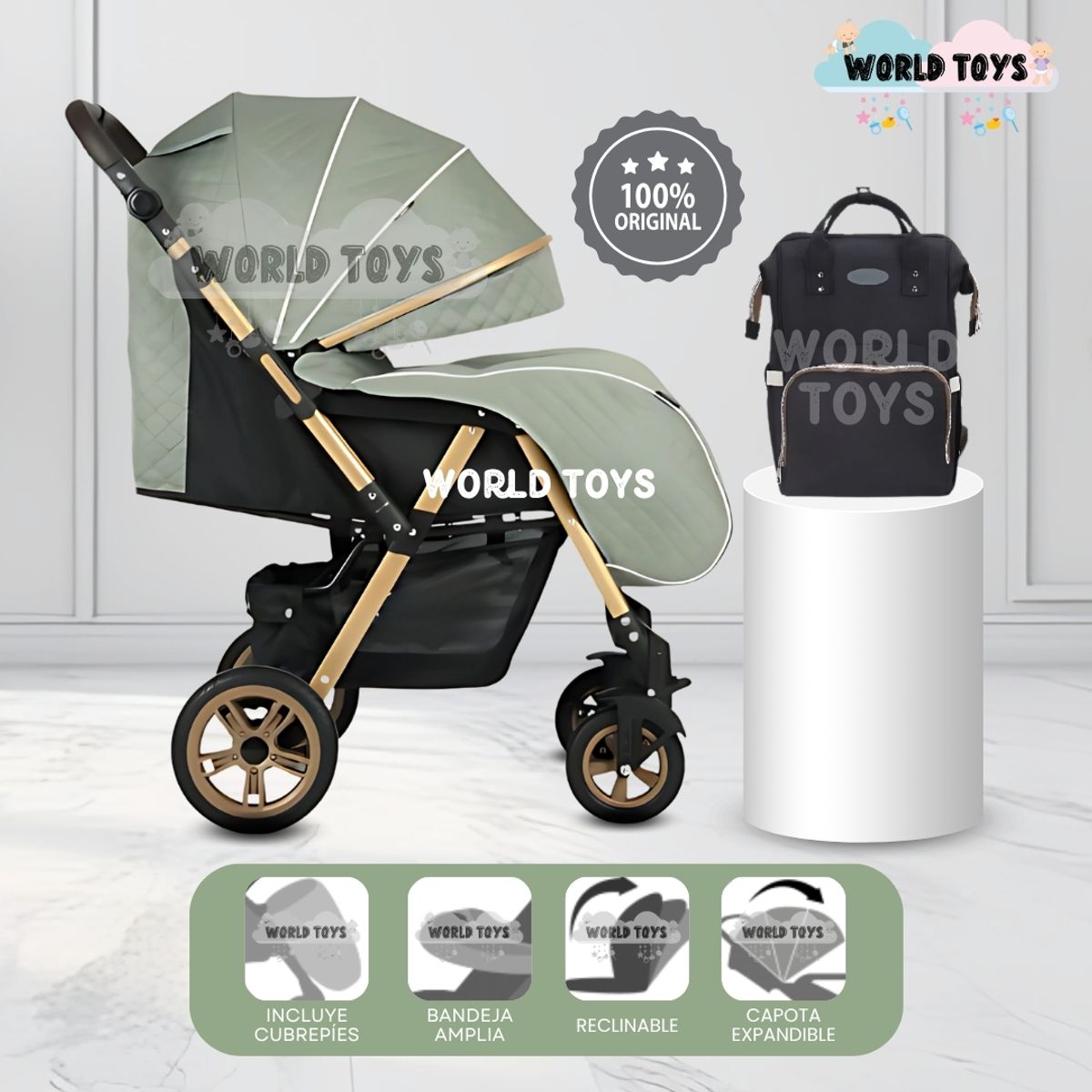 BABY - Coche Cuna de Lujo con Mochila Pañalera «VALEN PLUS» Green