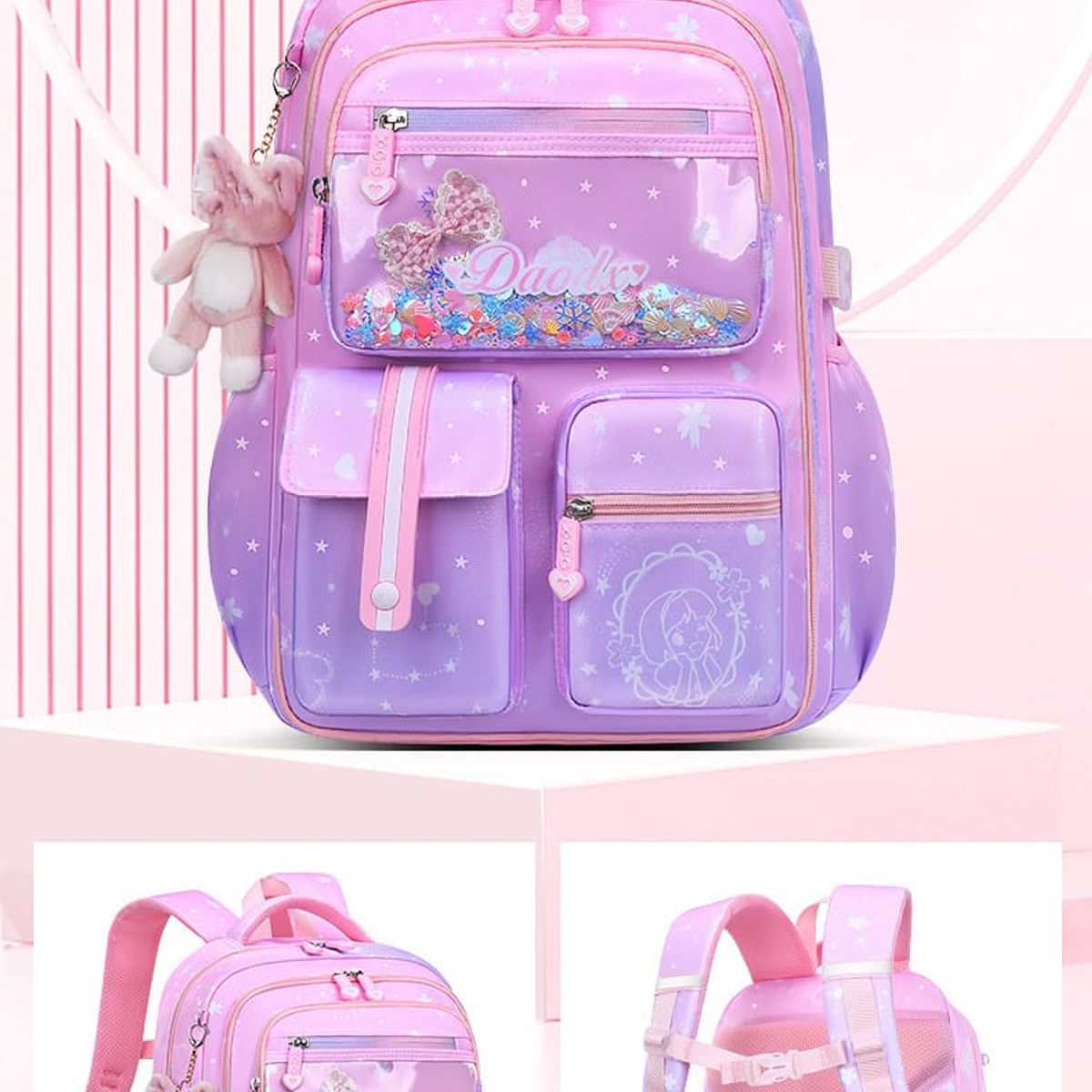 GENERICO - MOCHILA ESCOLAR ARCOIRIS GRANDE CON LLAVERO COLOR ROSADO