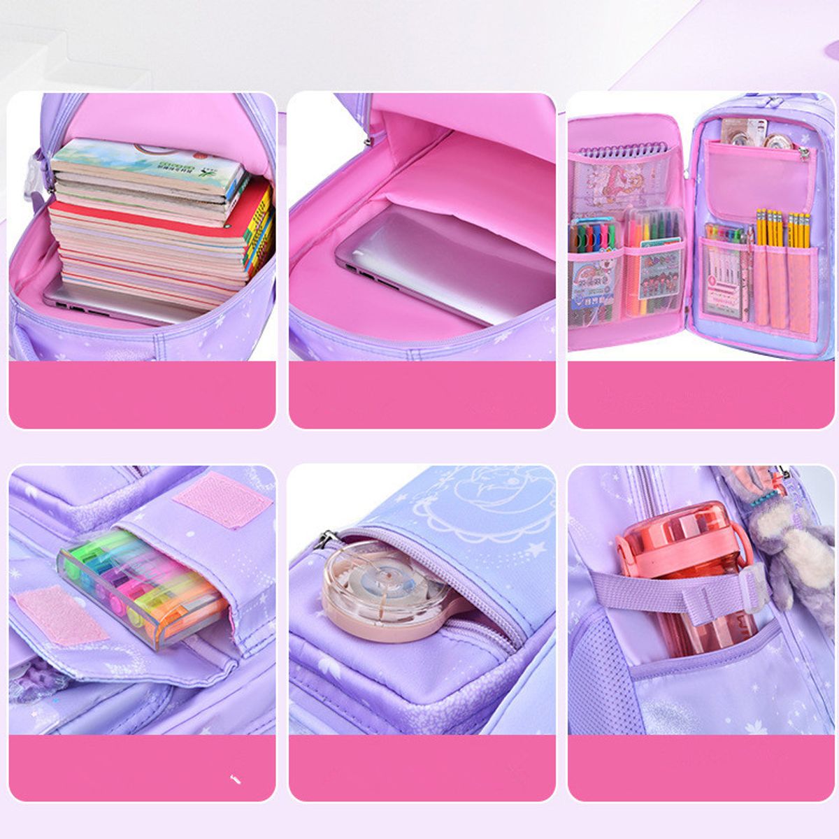 GENERICO - MOCHILA ESCOLAR ARCOIRIS GRANDE CON LLAVERO COLOR ROSADO