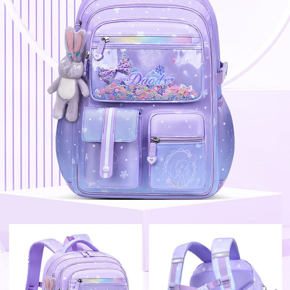 GENERICO - MOCHILA ESCOLAR ARCOIRIS GRANDE CON LLAVERO COLOR LILA