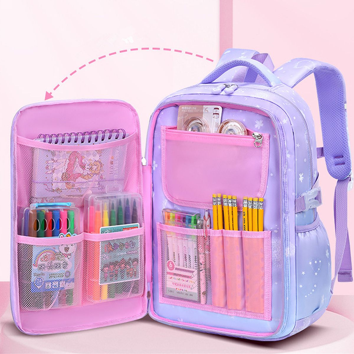 GENERICO - MOCHILA ESCOLAR ARCOIRIS GRANDE CON LLAVERO COLOR LILA