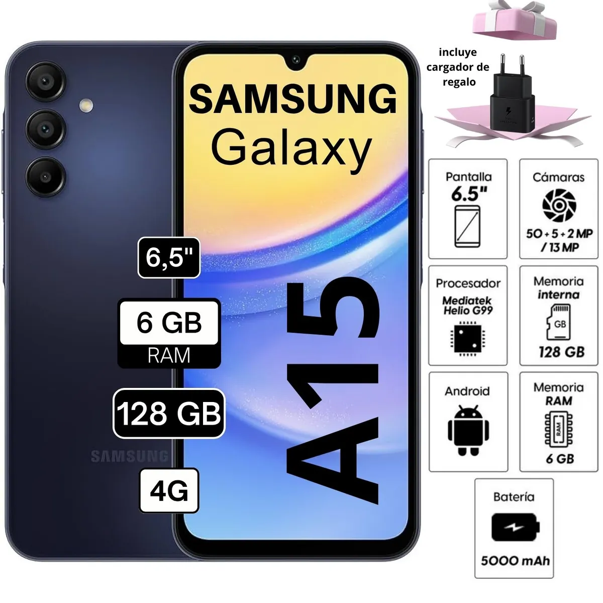 SAMSUNG - Celular Samsung Galaxy A15 128GB 6GB ram 50MP frontal 13MP 6,5 Pulg negro azulado