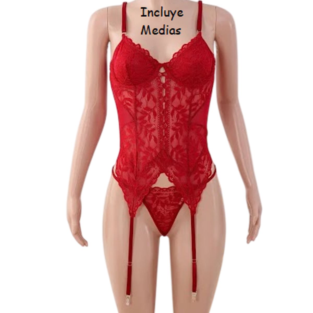GENERICO - CORSET LENCERIA SEXY PORTALIGAS ROJO CON MEDIAS