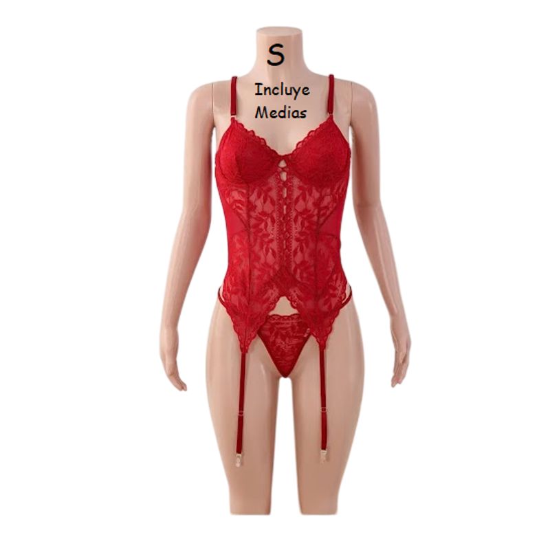 GENERICO - CORSET LENCERIA SEXY PORTALIGAS ROJO CON MEDIAS