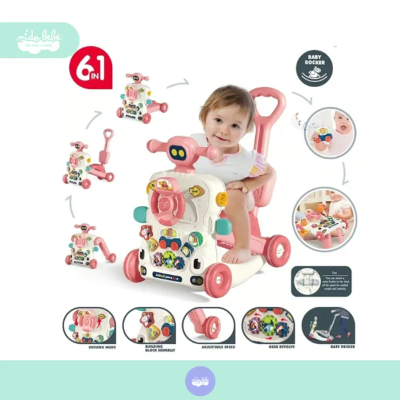 GENERICO - Caminador didáctico multiusos para bebe 6 en 1 rosa