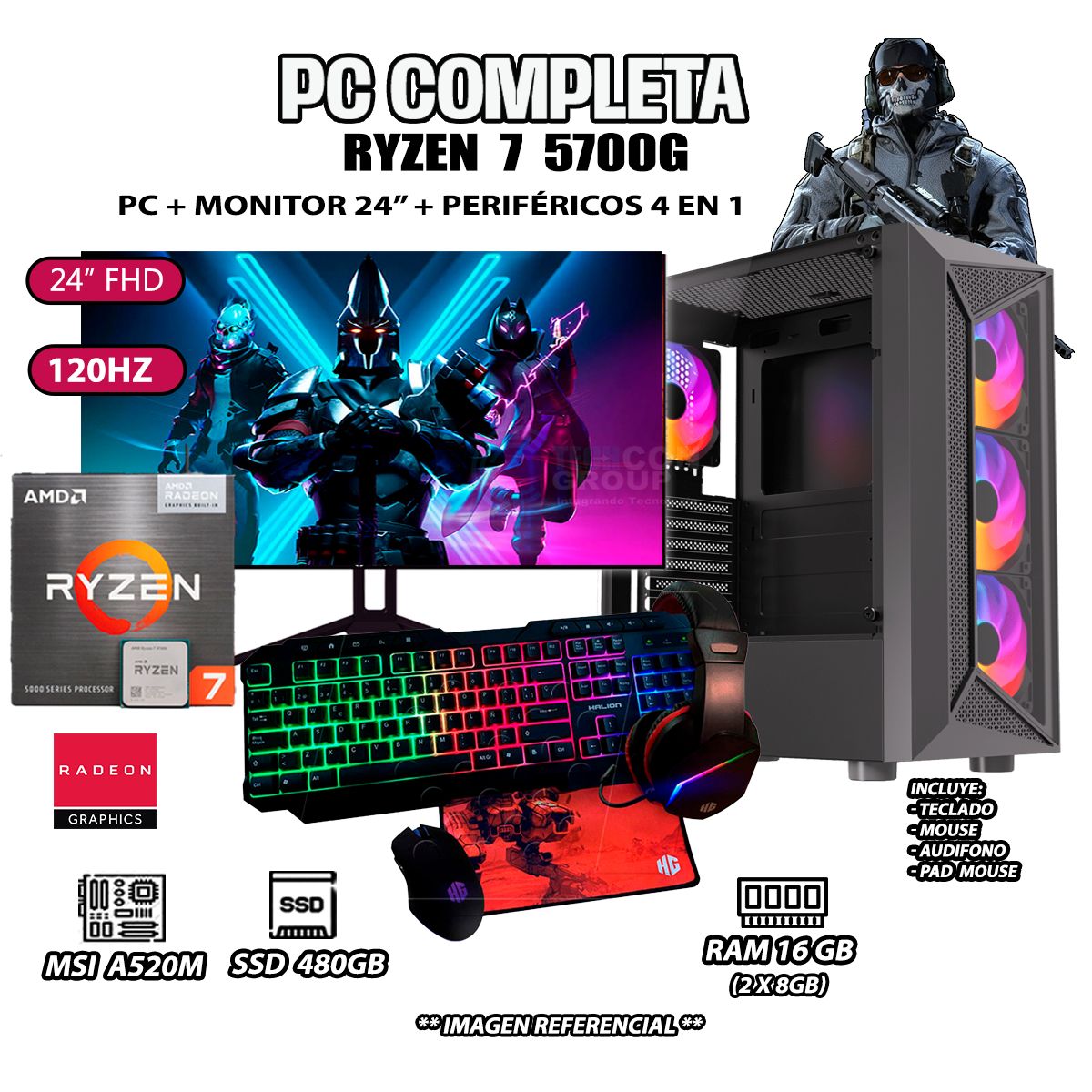 AMD - Computadora Completa Ryzen 7 5700G RAM 16GB DISCO SSD 500GB MONITOR 24" FHD