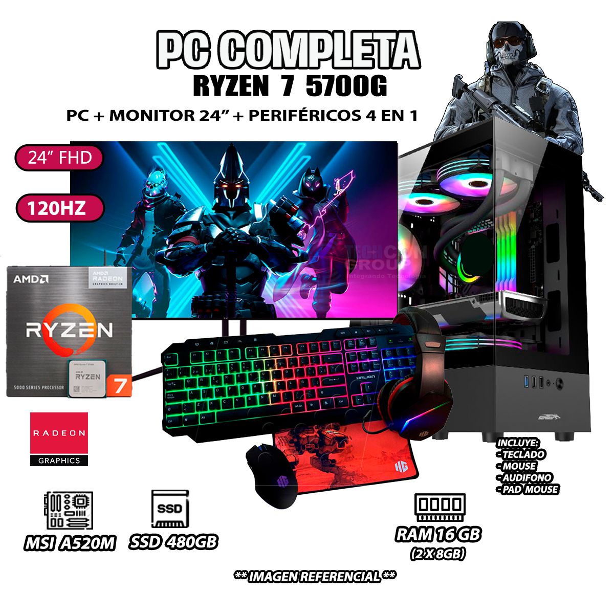 AMD - Computadora Completa Ryzen 7 5700G RAM 16GB DISCO SSD 500GB MONITOR 24" FHD