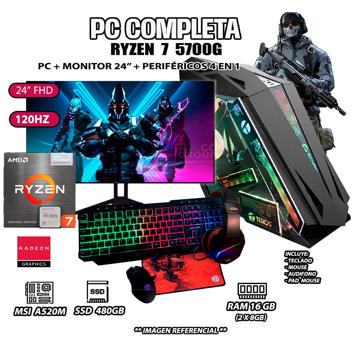 AMD - Computadora Completa Ryzen 7 5700G RAM 16GB DISCO SSD 500GB MONITOR 24" FHD