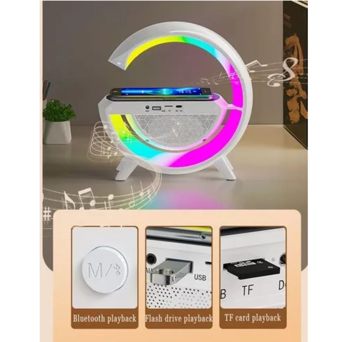 GENERICO - Lampara G Smart 6 en 1 Luz RGB Parlante Reloj Cargador Inalámbrico
