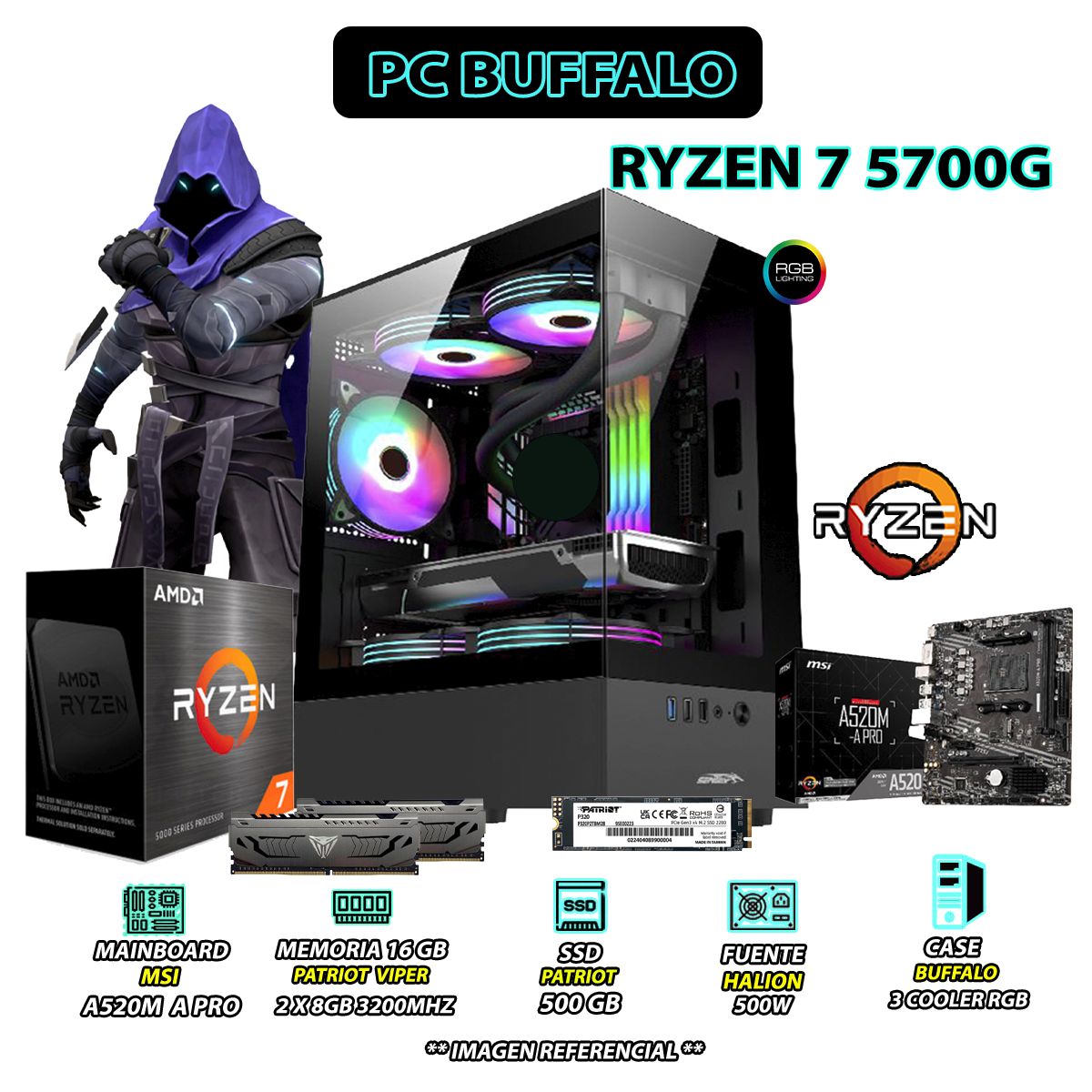 AMD - Computadora PC Ryzen 7 5700G RAM 16GB SSD 500GB CON GRAFICOS AMD RADEON