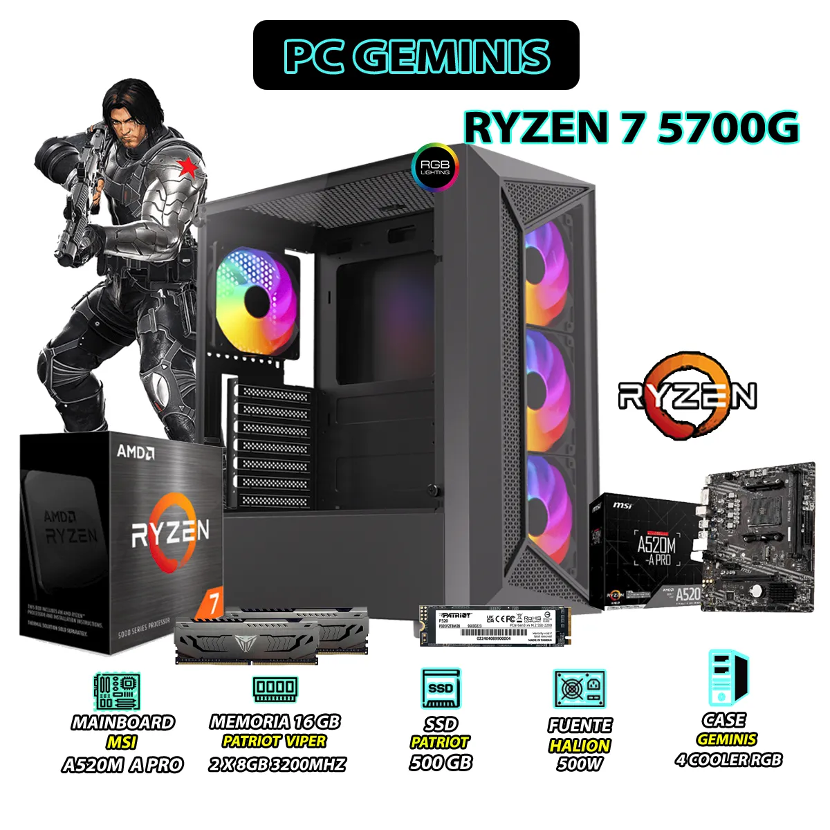 AMD - Computadora PC Ryzen 7 5700G RAM 16GB SSD 500GB CON GRAFICOS AMD RADEON
