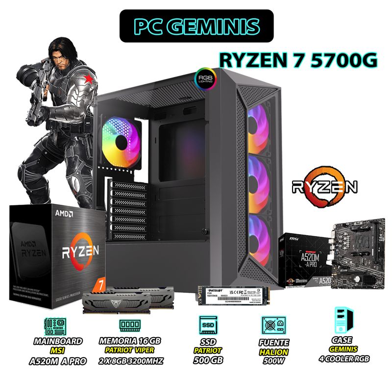 AMD - Computadora PC Ryzen 7 5700G RAM 16GB SSD 500GB CON GRAFICOS AMD RADEON