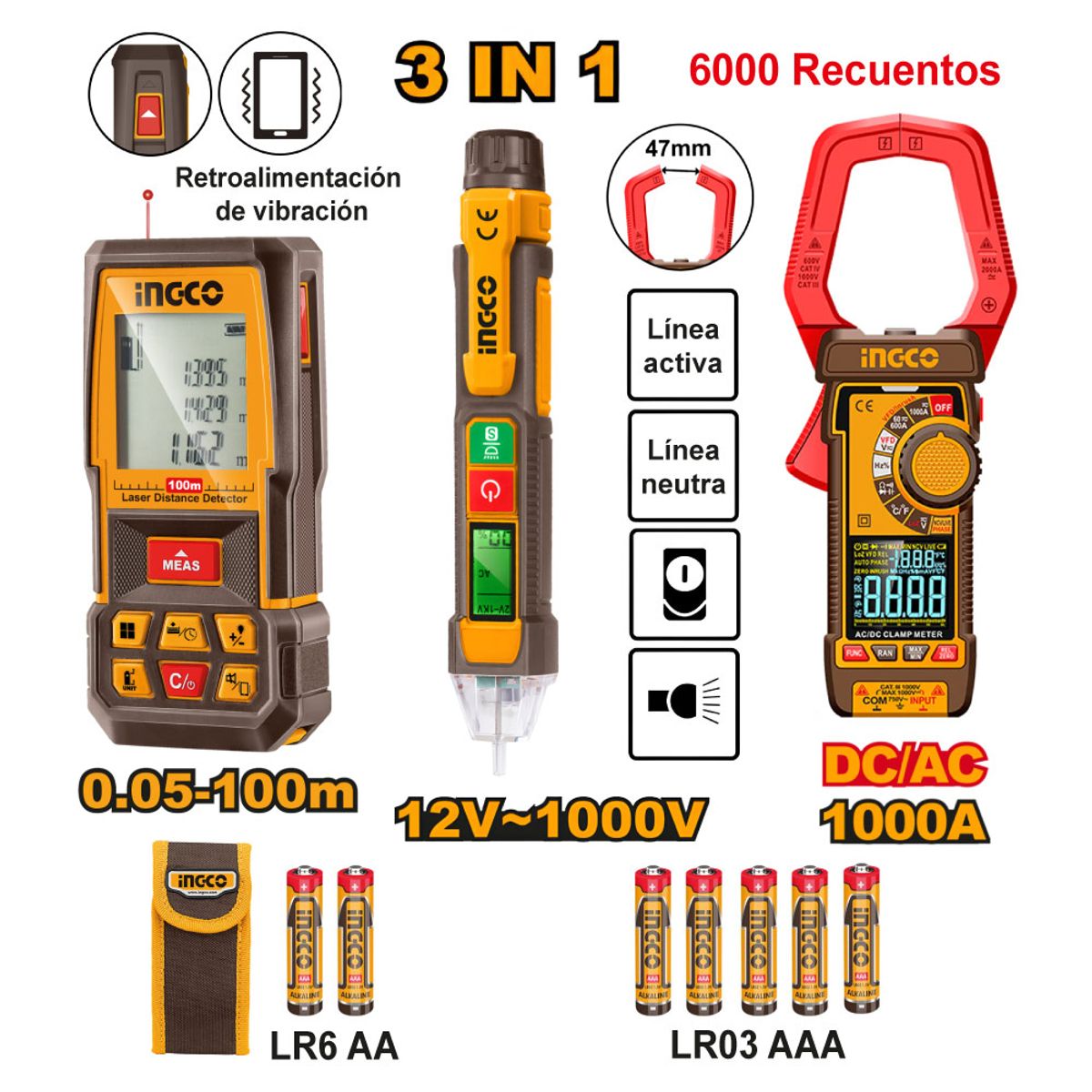 INGCO TOOLS - MEDIDOR DISTANCIA INGCO + AMPERÍMETRO + DETECTOR VOLTAJE HLDD241202