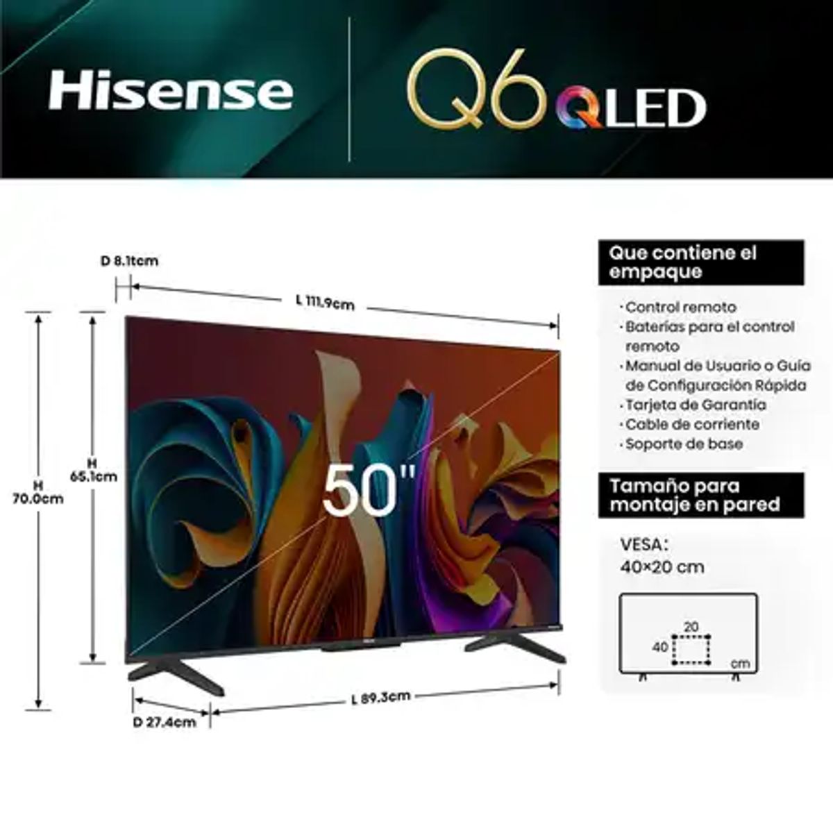 HISENSE - Televisor Hisense Smart TV 50 QLED 4K UHD 50Q6N