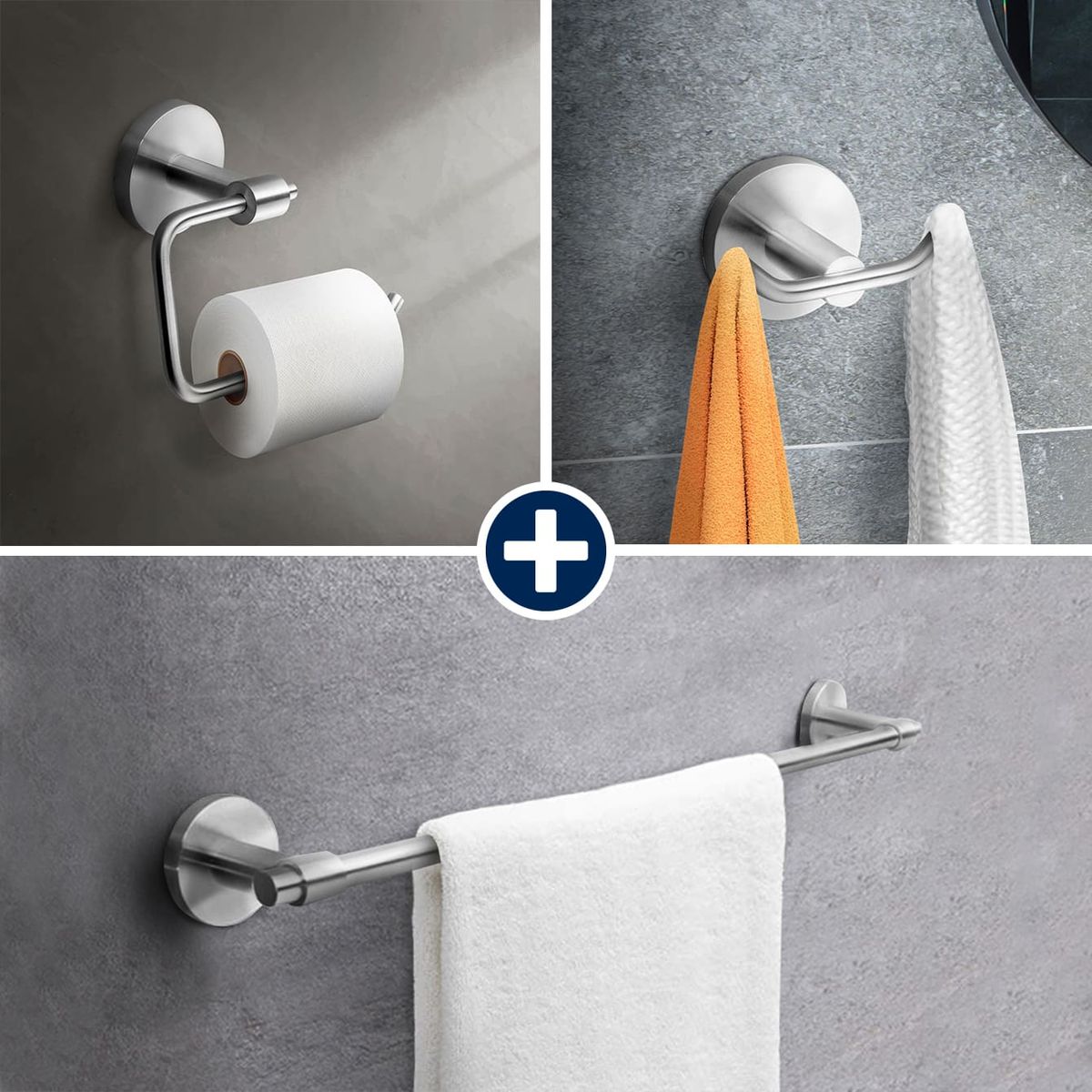 VAINSA - Kit de accesorios para baño Inox 3 Piezas: Perchero, Papelera y Toallero de barra.