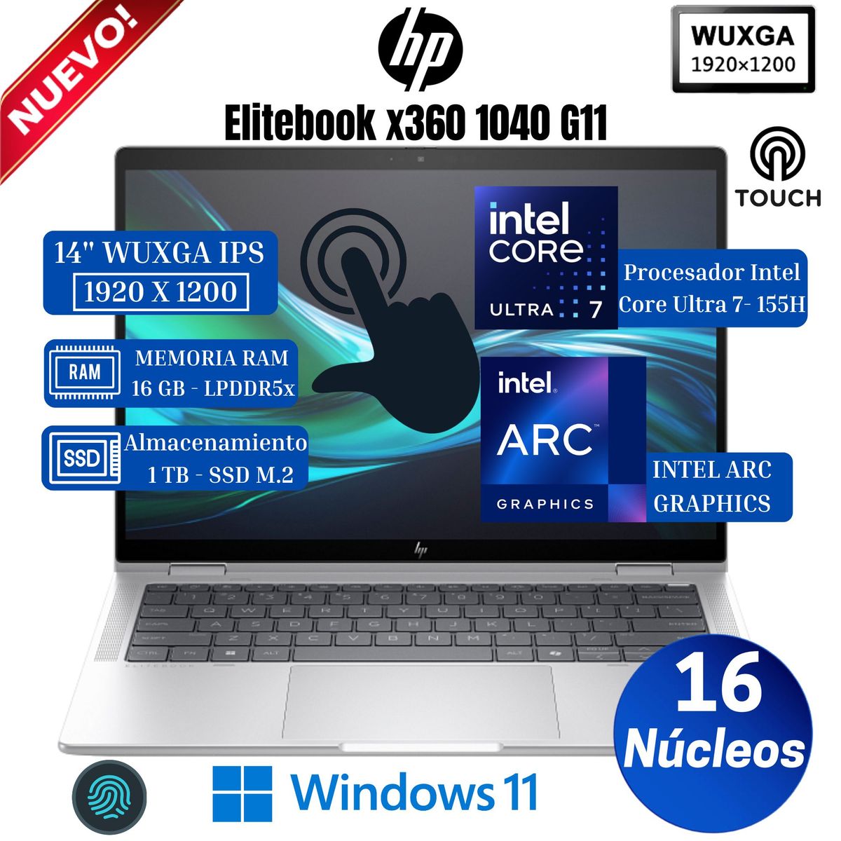HP - Laptop HP Elitebook x360 1040 G11 14” WUXGA Táctil, Core Ultra 7-155U, Ram 16GB, Ssd 1TB, Win 11 Pro