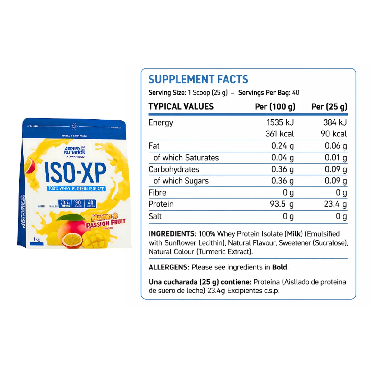 APPLIED NUTRITION - Iso XP 1 Kg Proteina Isolatada 40 servicios Mango & Passion fruit + Creatina Applied Nutrition 250 g