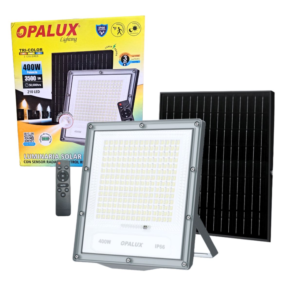 OPALUX - Luminaria Solar LED Tricolor con Control 400W 3500Lm  OP-SFL519-400