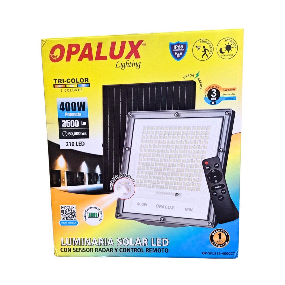 OPALUX - Luminaria Solar LED Tricolor con Control 400W 3500Lm  OP-SFL519-400