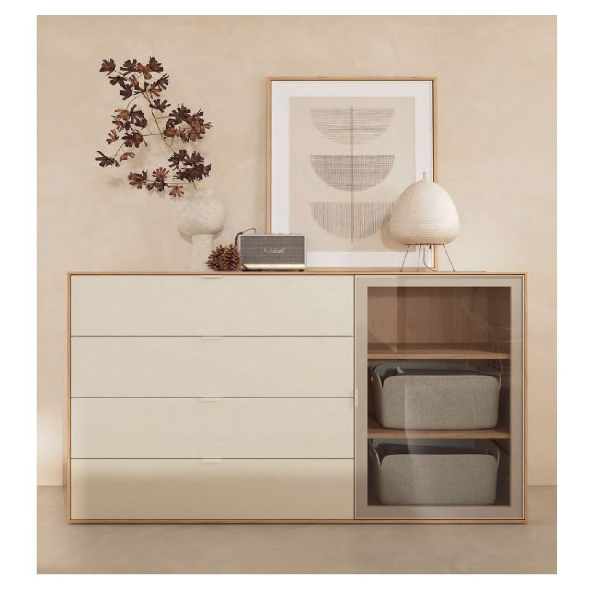 TU MESITA - Cómoda Exclusiva Mariaté 4 cajones 1 puerta color BlancoDunaGris TU MESITA