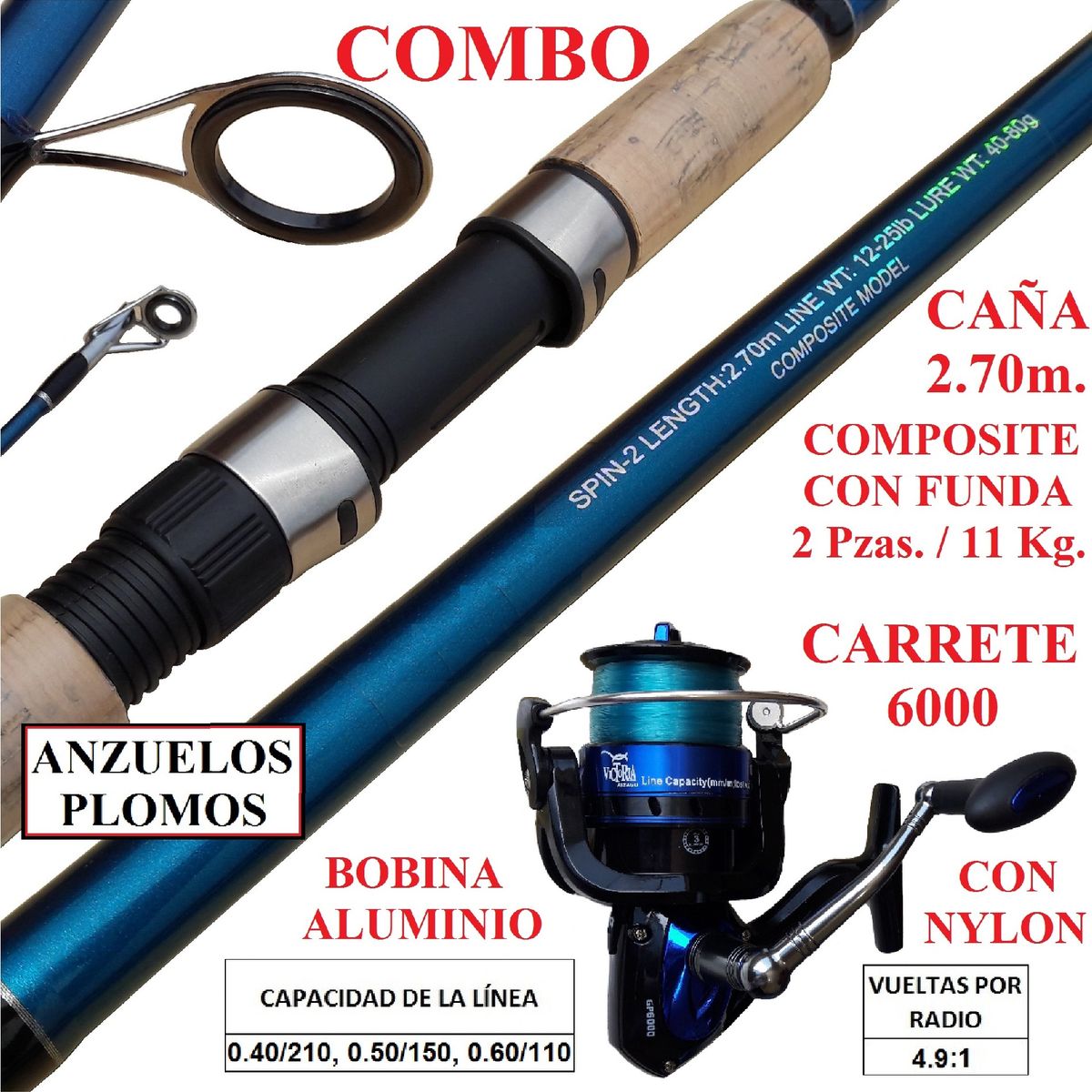 GENERICO - Combo Caña Pescar 2.7 Con Carrete  6000 Pesca