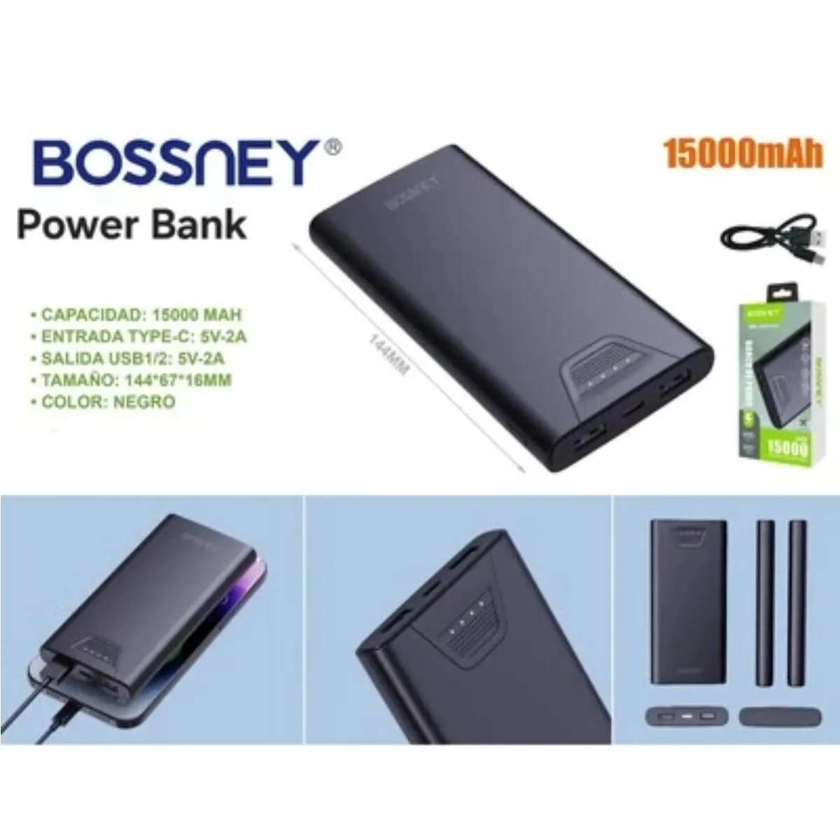 GENERICO - Power Bank Batería Portátil con Indicador LED de 15000 mAh Bossney