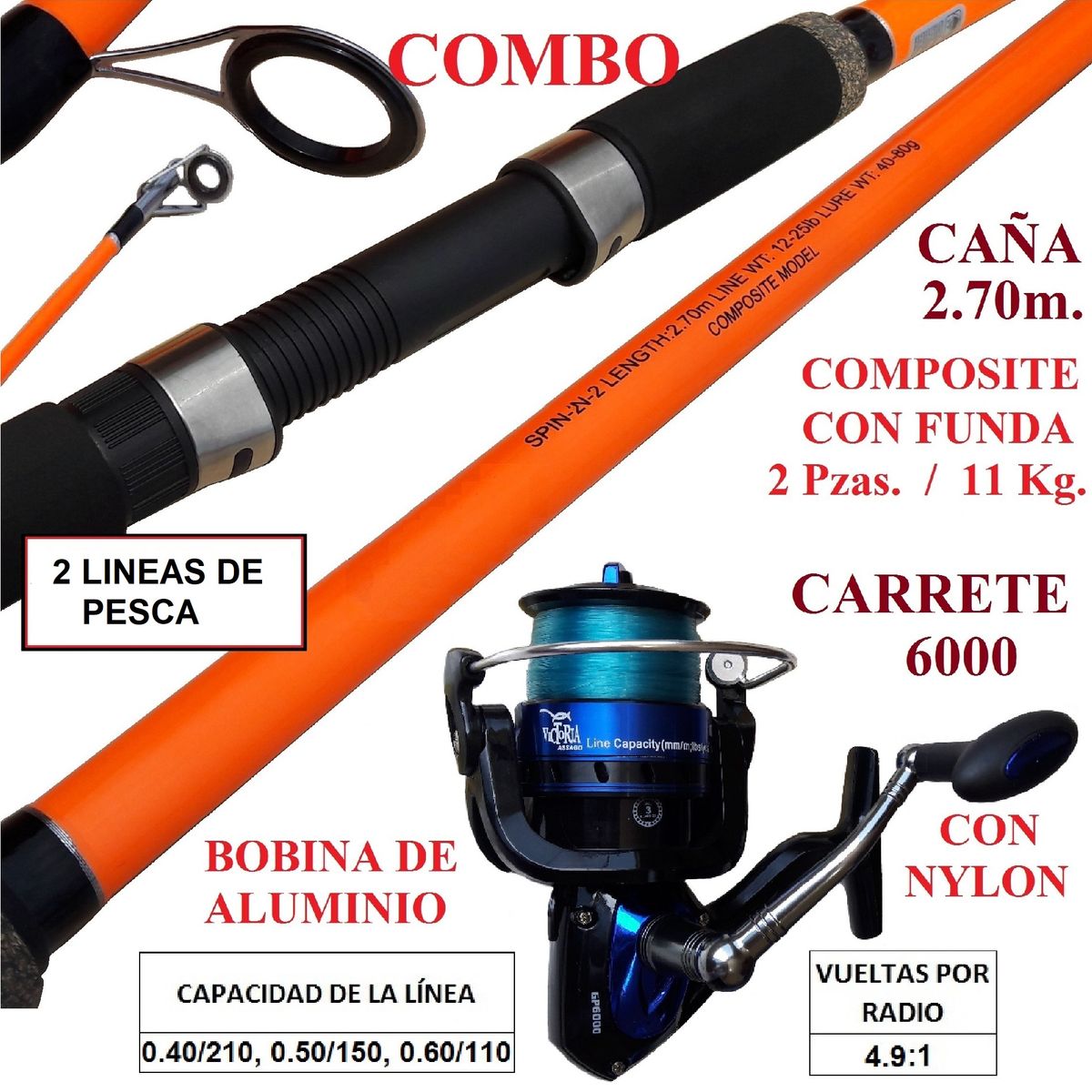 GENERICO - Combo De Pesca Caña 2.70 M. Y Carrete 6000 Pescar