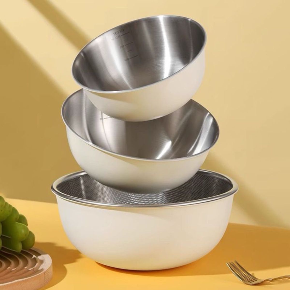 GENERICO - JUEGO DE TRES TAZONES DE ACERO INOXIDABLE 304 COLOR HUESO