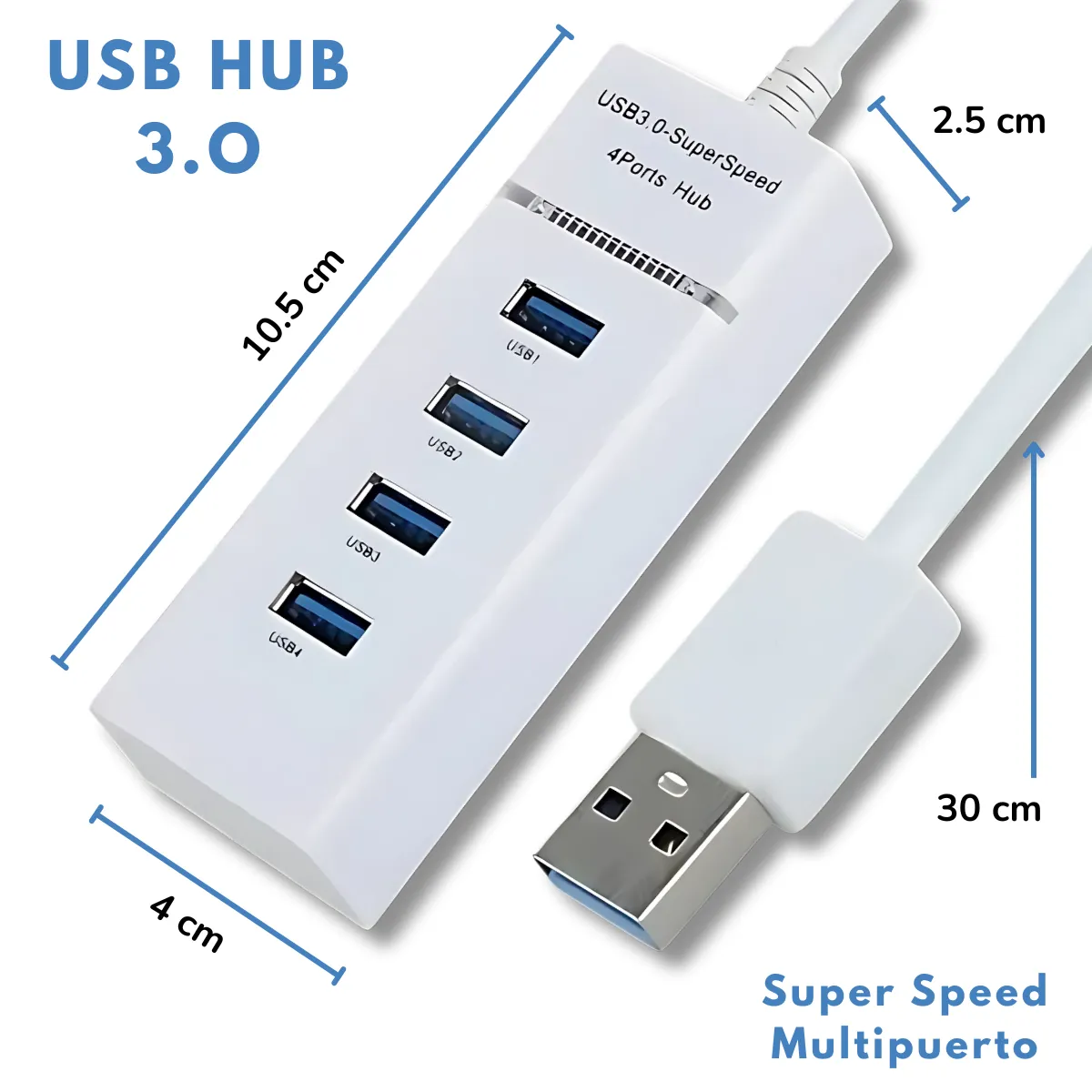 GENERICO - HUB USB 3.0 4 puertos - Super Speed 5GBPS Cable 30cm