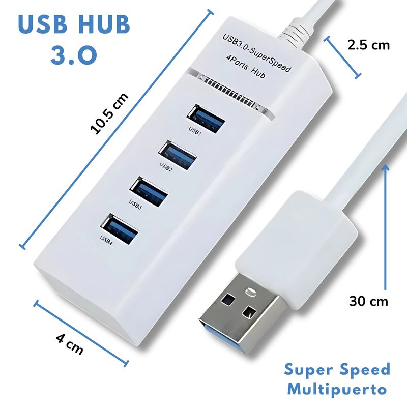 GENERICO - HUB USB 3.0 4 puertos - Super Speed 5GBPS Cable 30cm