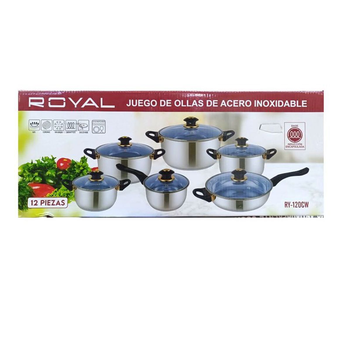 ROYAL - Juego de ollas de acero con tapa de vidrio AZUL de 6 piezas RY-120CW-2025