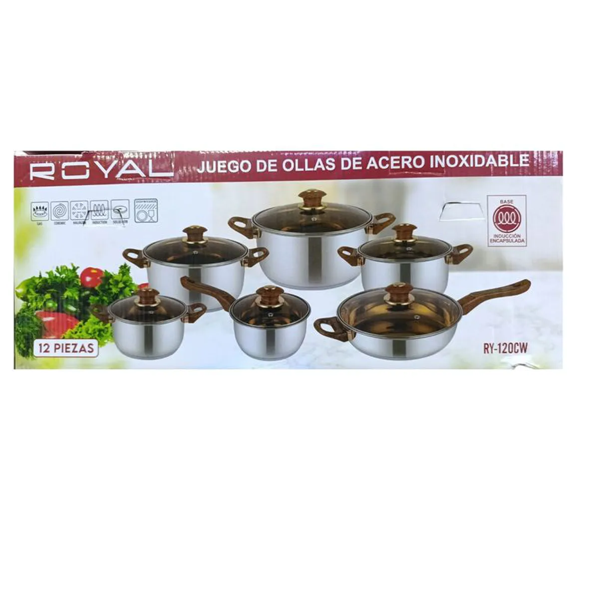 ROYAL - Juego de ollas de acero con tapa de vidrio MARRÓN de 6 piezas RY-120CW-2025