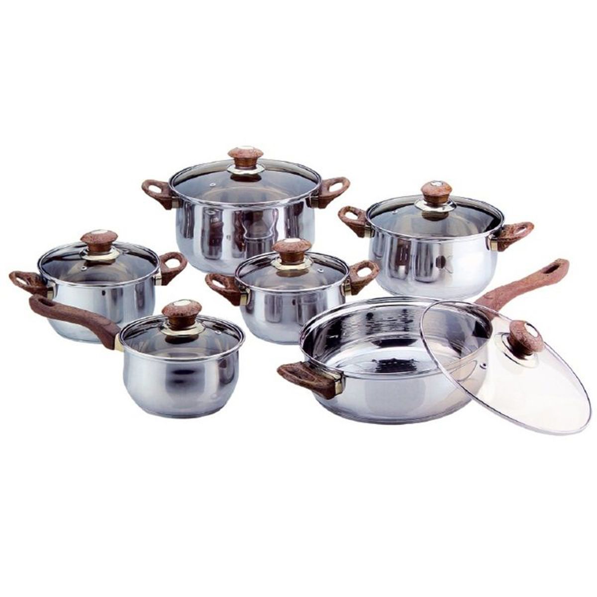 ROYAL - Juego de ollas de acero con tapa de vidrio MARRÓN de 6 piezas RY-120CW-2025