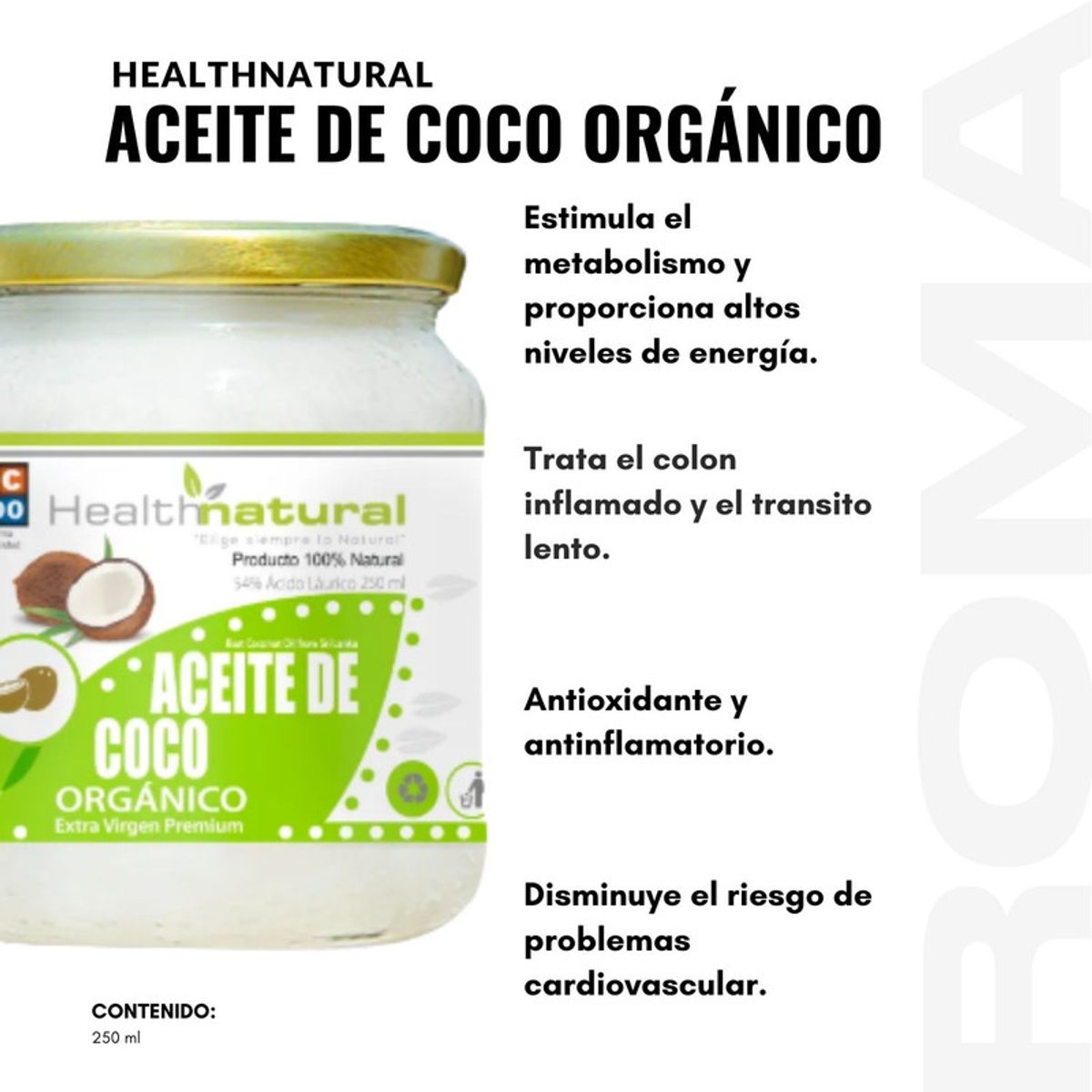 HEALTH NATURAL - ACEITE DE COCO ORGÁNICO HEALTHNATURAL 250ML