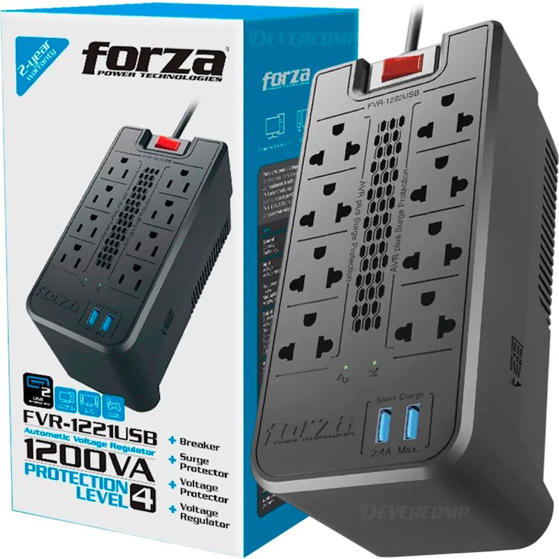 FORZA - Estabilizador Forza FVR-1222USB 1200VA/600W 8 Tomas 2 USB