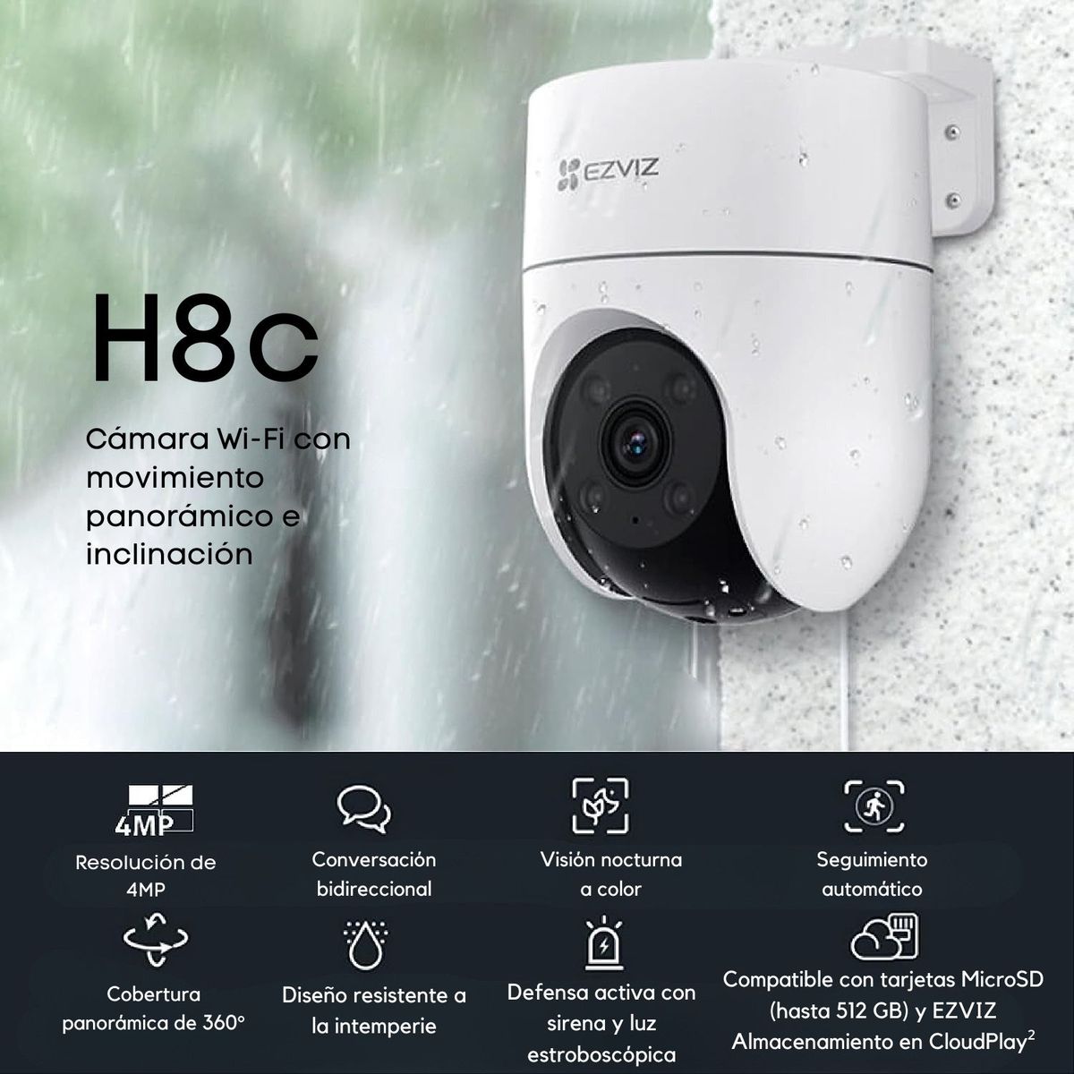 EZVIZ - Cámara IP Exterior H8C 4MP 2K Ezviz 360° Tecnología IA