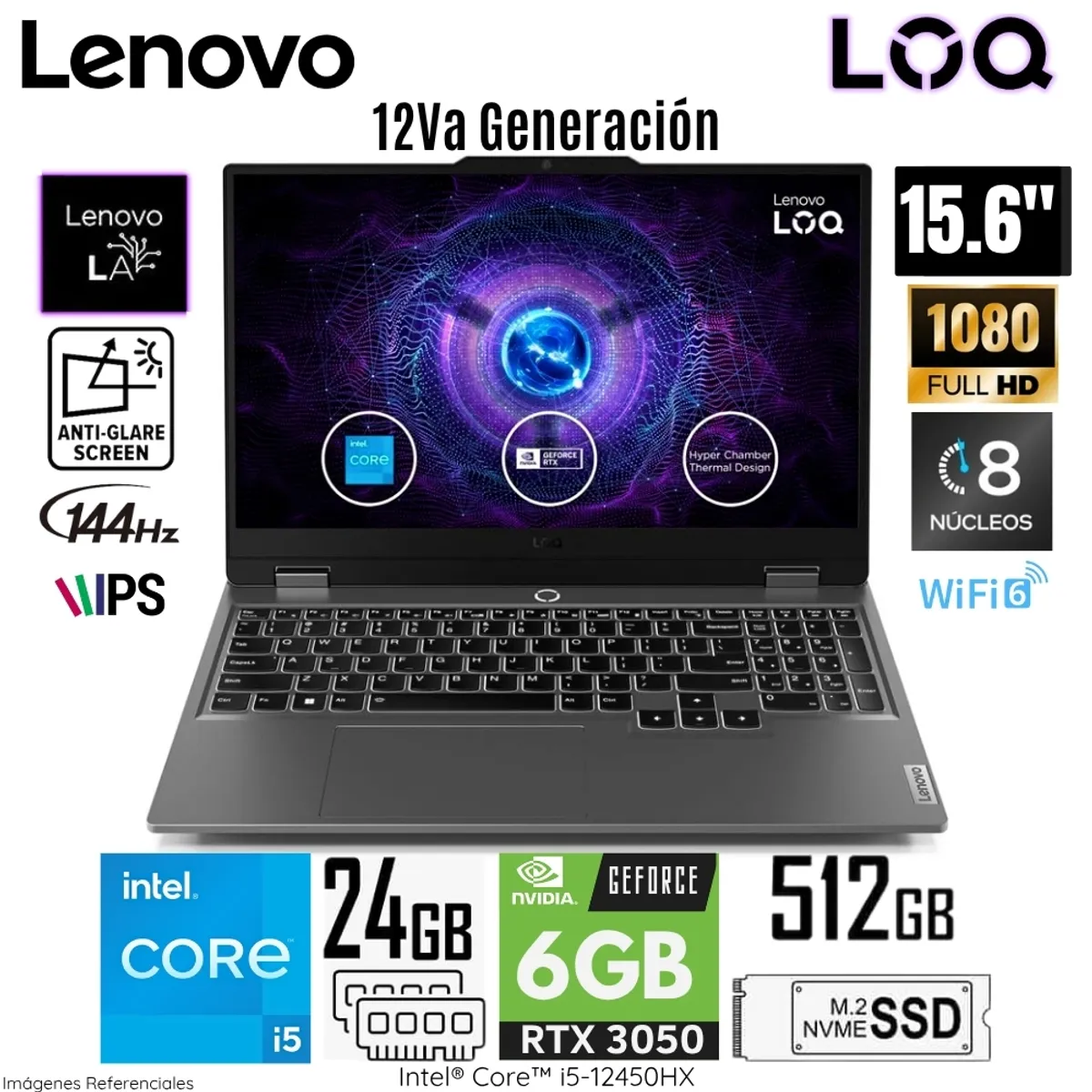 LENOVO - Laptop Lenovo LOQ 15IAX9 Intel Core i5-12450HX 24GB RAM 512GB SSD RTX 3050-6GB 15.6"  FHD 83GS00EQLM