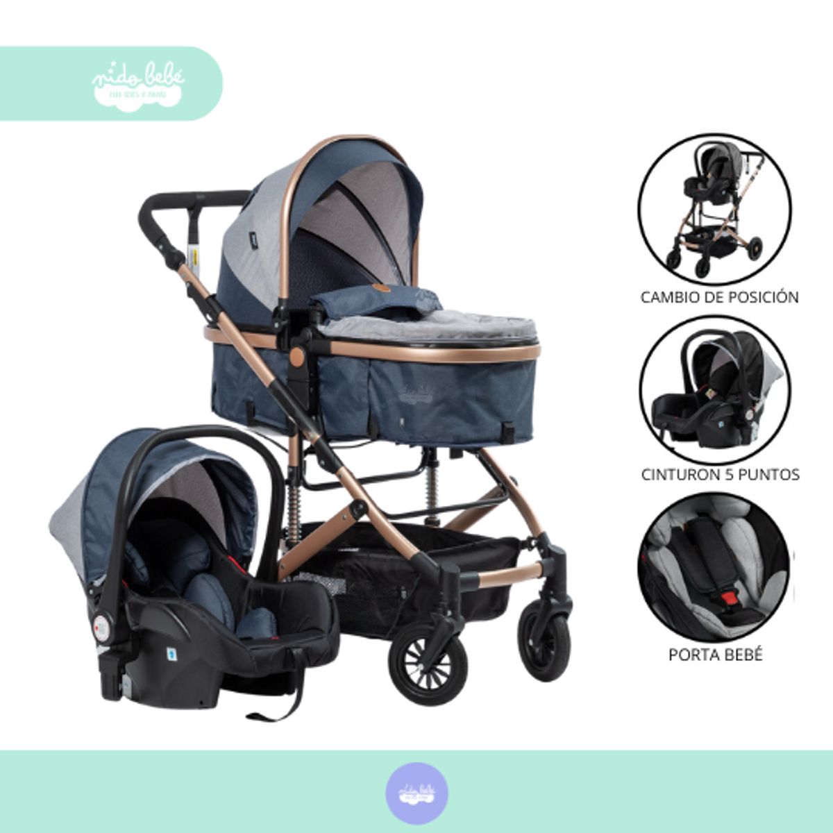 GENERICO - Coche Moises con porta bebé Rustell azul