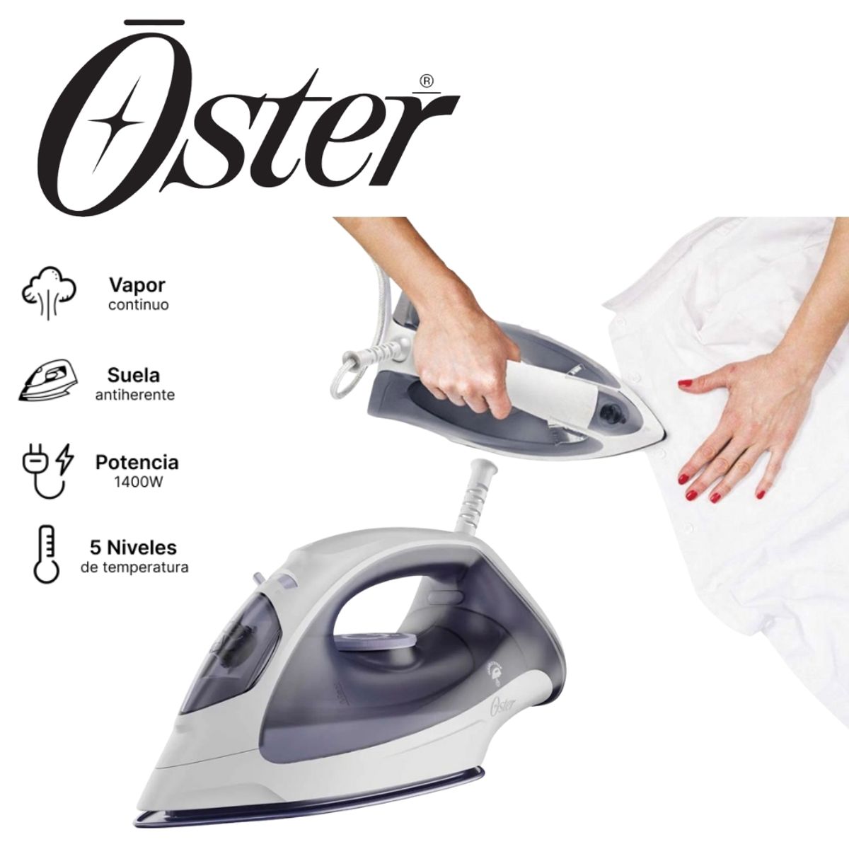 OSTER - PLANCHA DE VAPOR OSTER SUELA CERÁMICA COLOR GRIS MOD GCSTCW-317