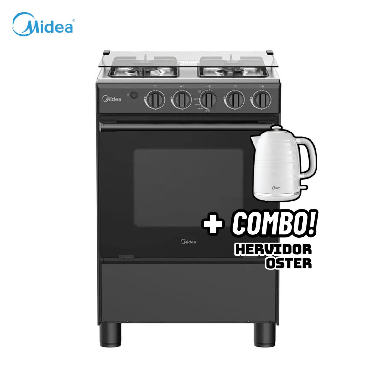 MIDEA - COCINA DE PIE MIDEA A GAS 4 HORNILLAS NEGRO - MGS24FS2LFABBC-PE + HERVIDOR OSTER BLANCO