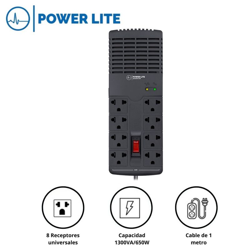 POWER LITE - Regulador de Voltaje Automático Power Lite QUASAR 1300VA650W 8Salidas