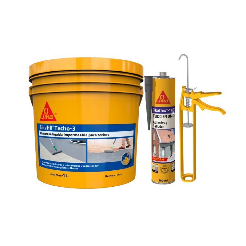 SIKA - Pack Impermeabilizante Sikafill Techo-3 Gris x 4L+sikaflex+pistola