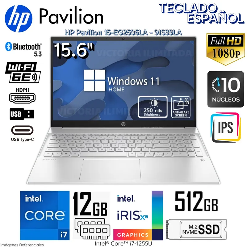 HP - Laptop HP Pavilion 15-EG2506LA Intel Core i7-1255U 12GB RAM 512GB SSD 156 FHD Plateado 91S39LA